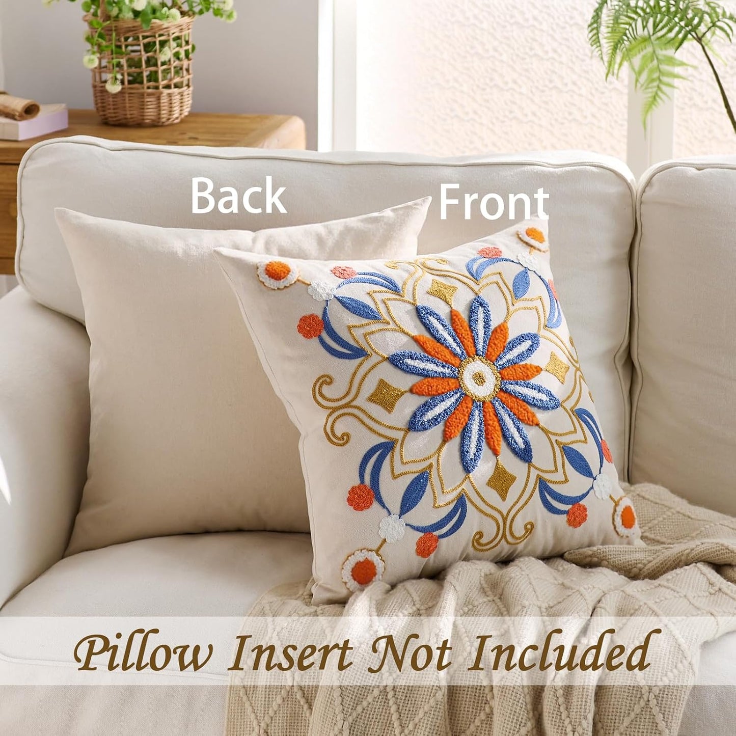 Embroidered Throw Pillow Cover 18x18 Classic Boho Floral Pattern Pillows Cover Outdoor Decorative