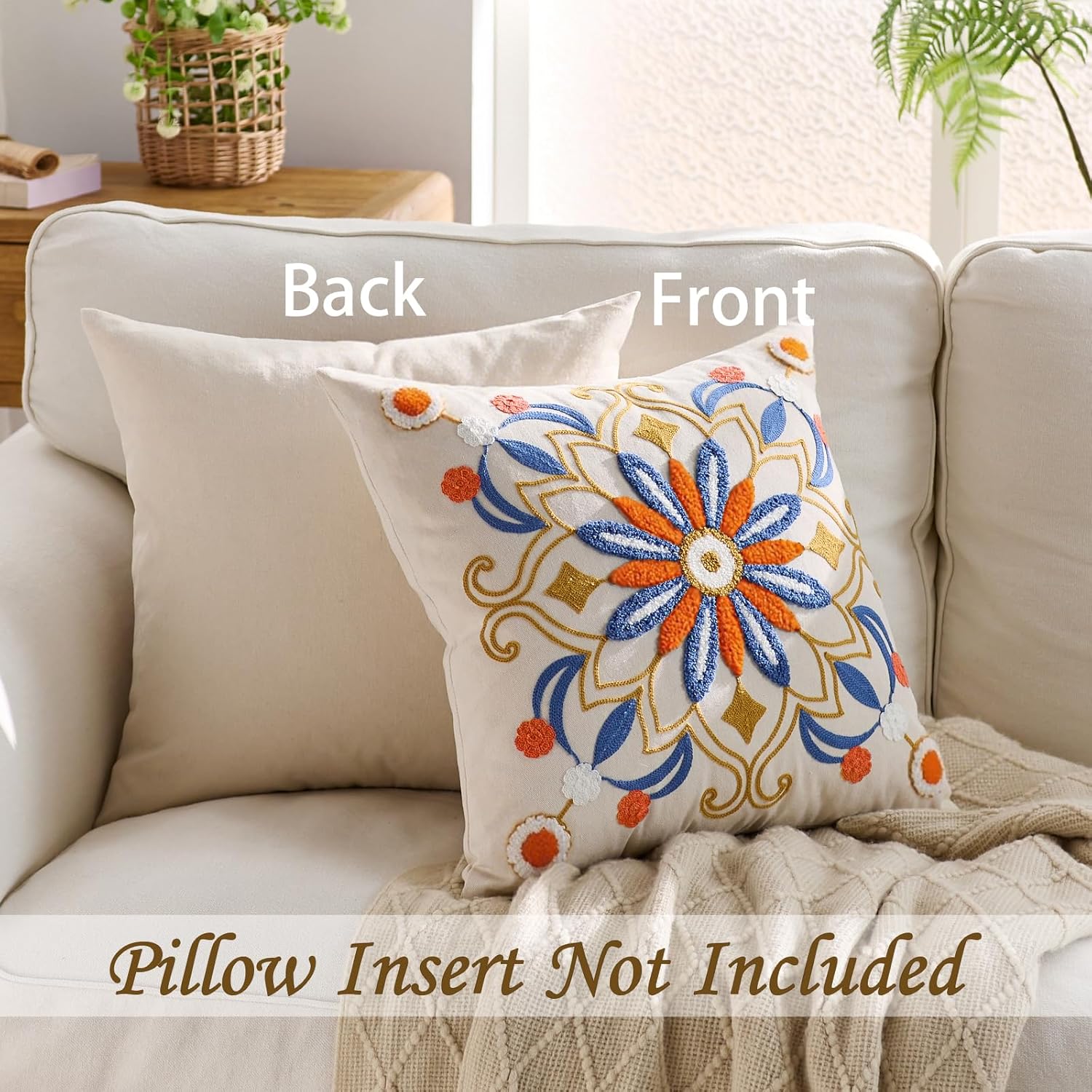 Embroidered Throw Pillow Cover 18x18 Classic Boho Floral Pattern Pillows Cover Outdoor Decorative
