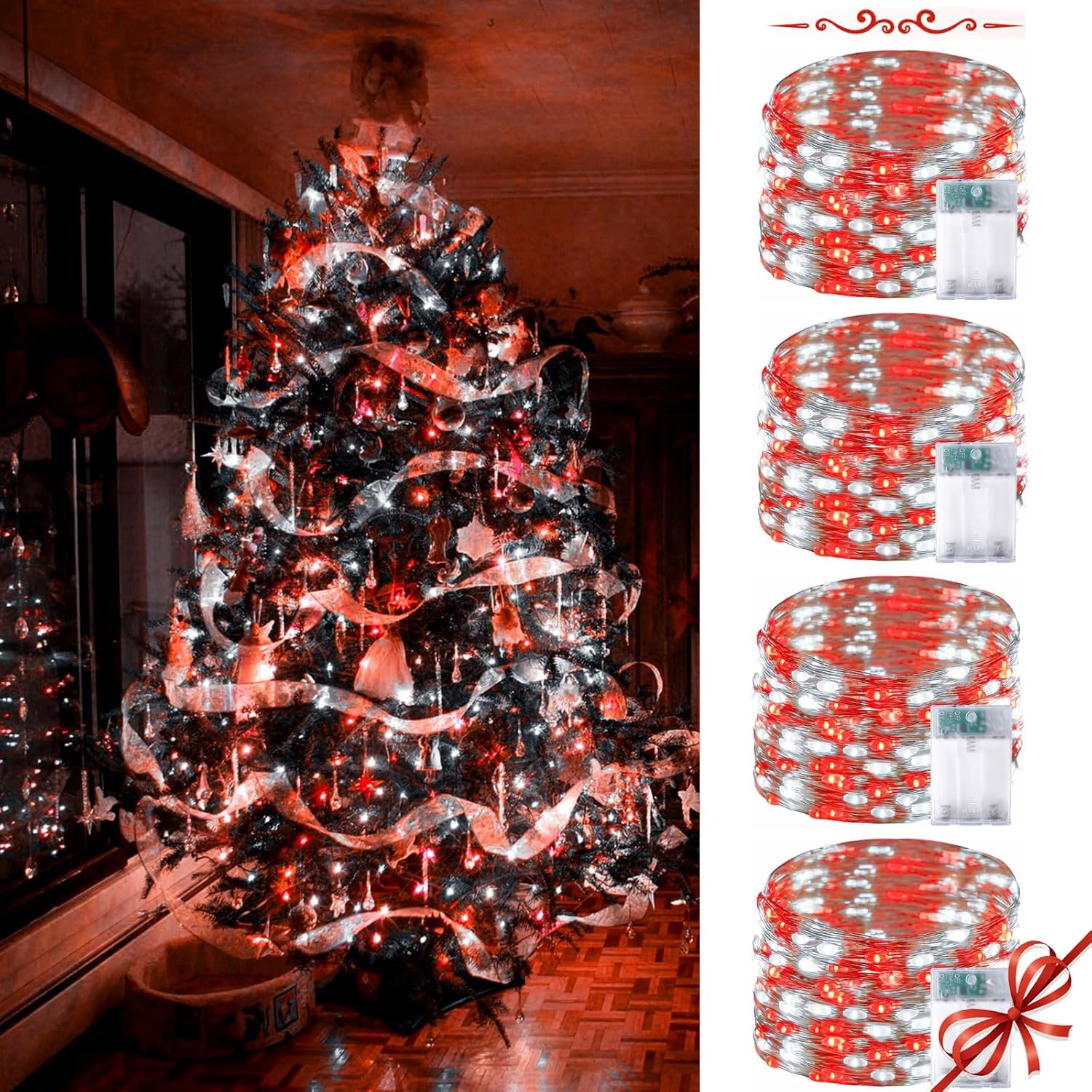 Red and White Bttery Operated Christmas Lights,4 Pack Fairy Lights Battery Operated with