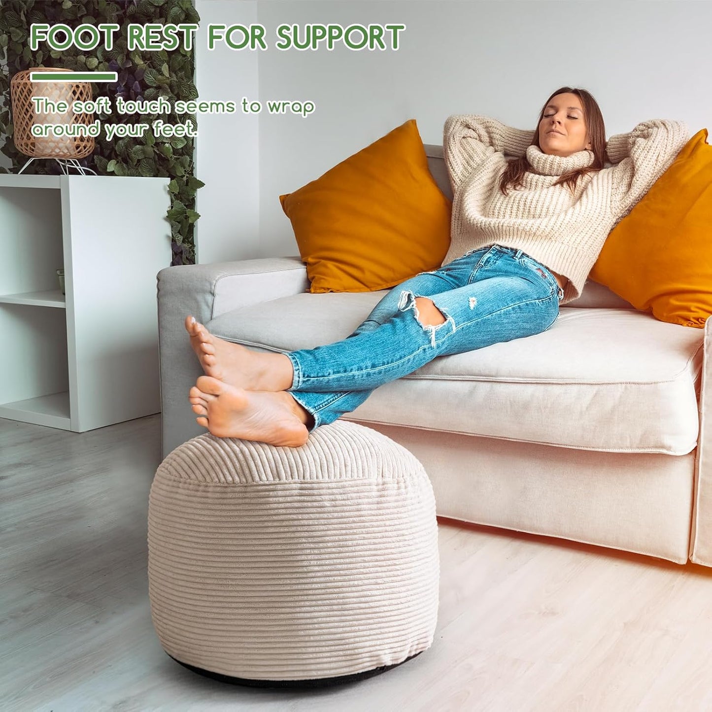 HIGOGOGO Round Stuffed Pouf Ottoman, Corduroy Poufs with Foam Chunk Filling, Furry and Fluffy Pouf