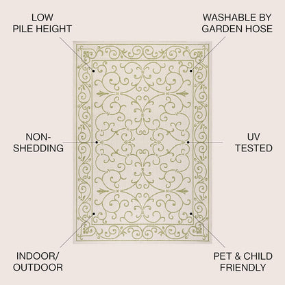 JONATHAN Y Vintage Filigree Indoor Outdoor Area Rug 5X8 Cream/Green, Charleston Textured Weave for