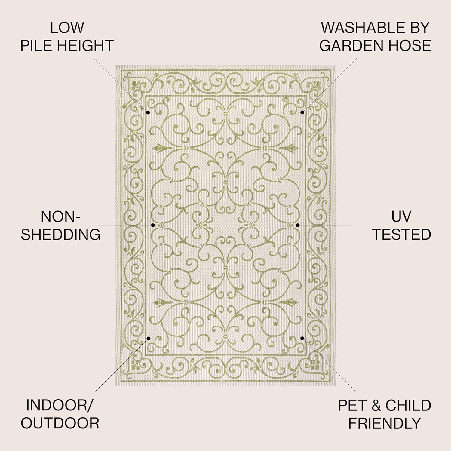 JONATHAN Y Vintage Filigree Indoor Outdoor Square Area Rug 5X5 Cream/Green, Charleston Textured