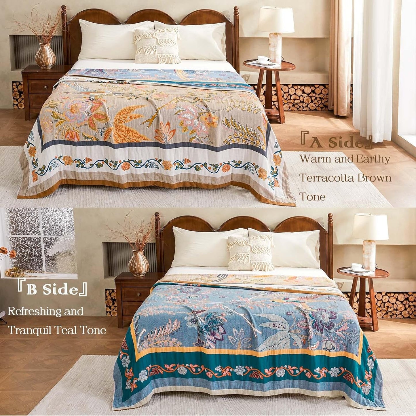 Boho Blanket, 100% Cotton Farmhouse Decorative Throw Blanket, 50"x60" Reversible Bohemian Throw