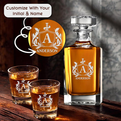 Personalized Rectangle Whiskey Decanter Set for Men 700ml Luxury Gift for Dad, Him, Boyfriend