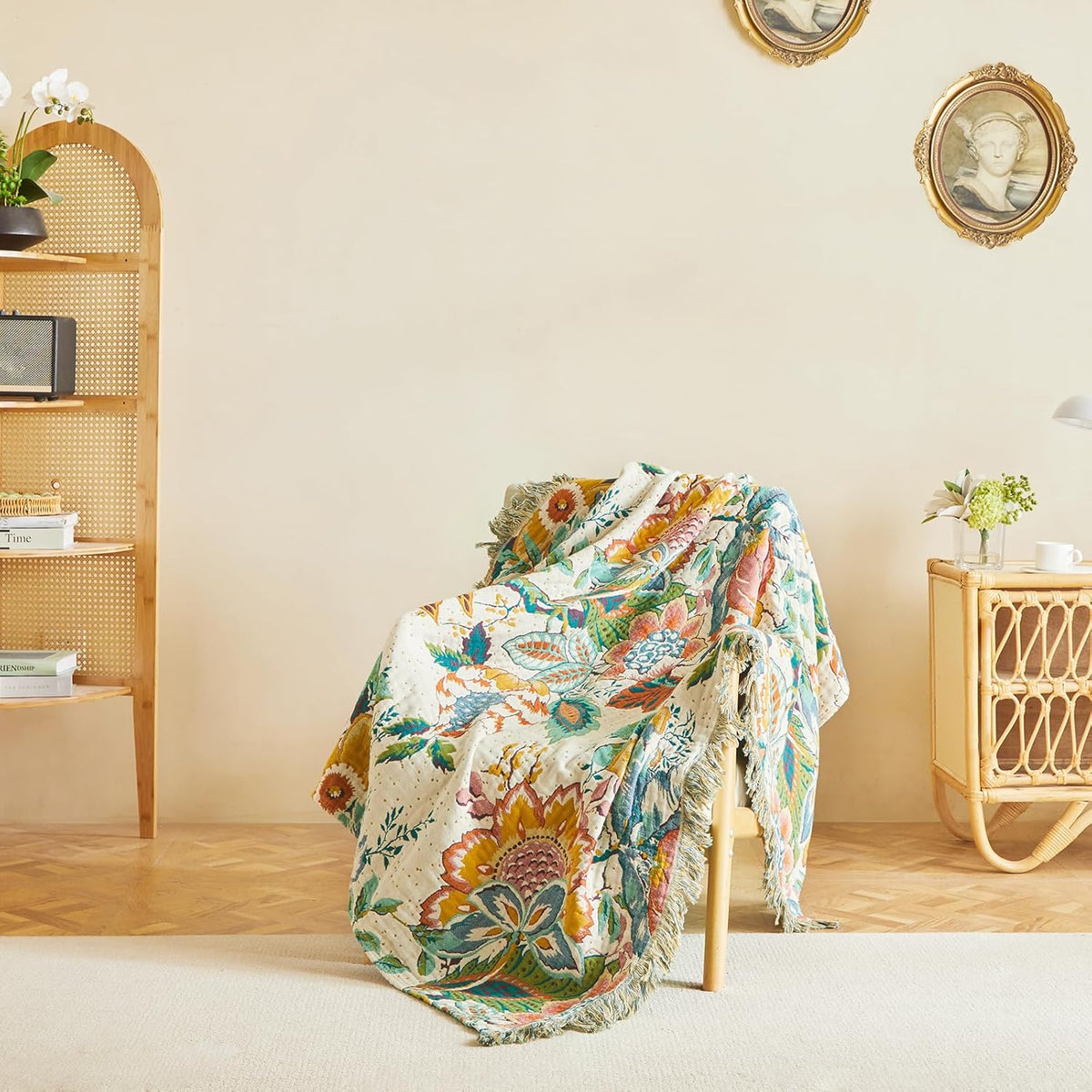 MSGKV Boho Throw Blanket for Couch Bed Chair 100% Cotton Muslin Breathable Vine Embroidery Blanket