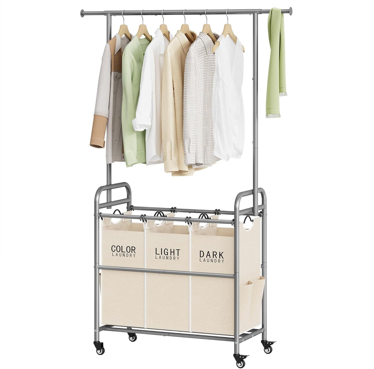 Tajsoon Laundry Hamper with Hanging Rack, 3 Section Laundry Sorter with Heavy Duty Lockable Wheels