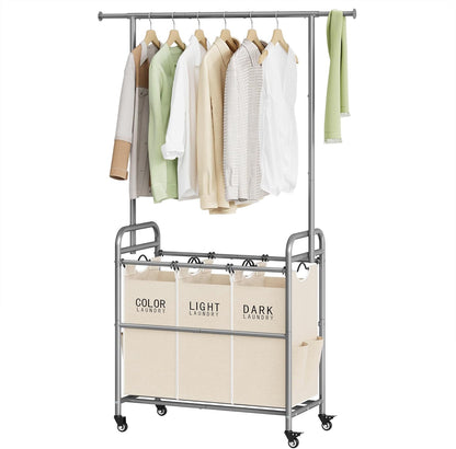 Tajsoon Laundry Hamper with Hanging Rack, 3 Section Laundry Sorter with Heavy Duty Lockable Wheels