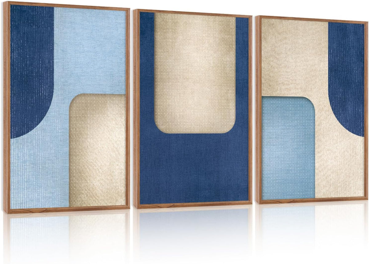 KAIRNE Blue Modern Abstract Canvas Wall Art,Neutral Prints Set of 3(16”X24”),Simple Design Wall