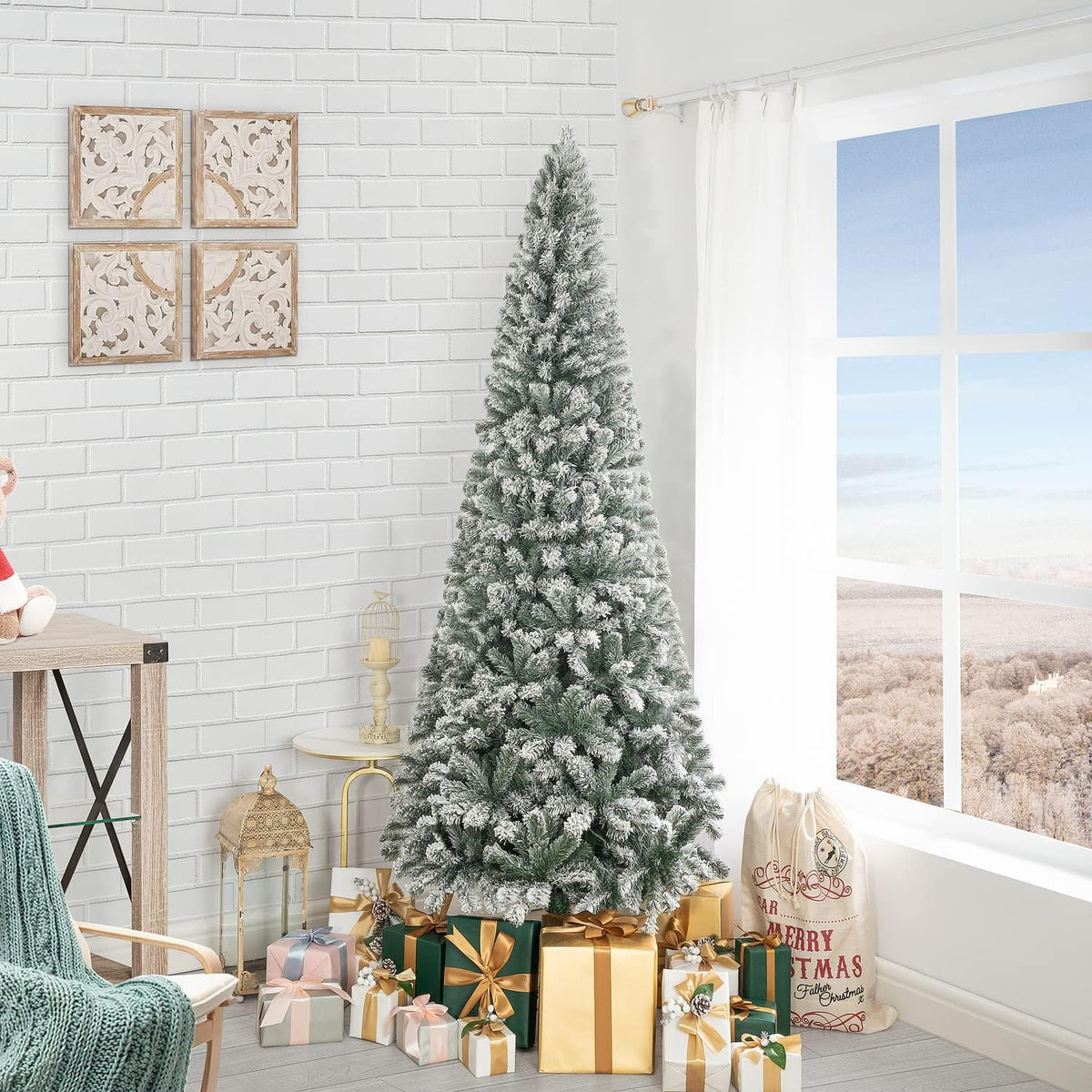 Naomi Home Salzburg 9ft Frosted Prelit Slim Artificial Christmas Tree with 1455 Branch Tips, 500