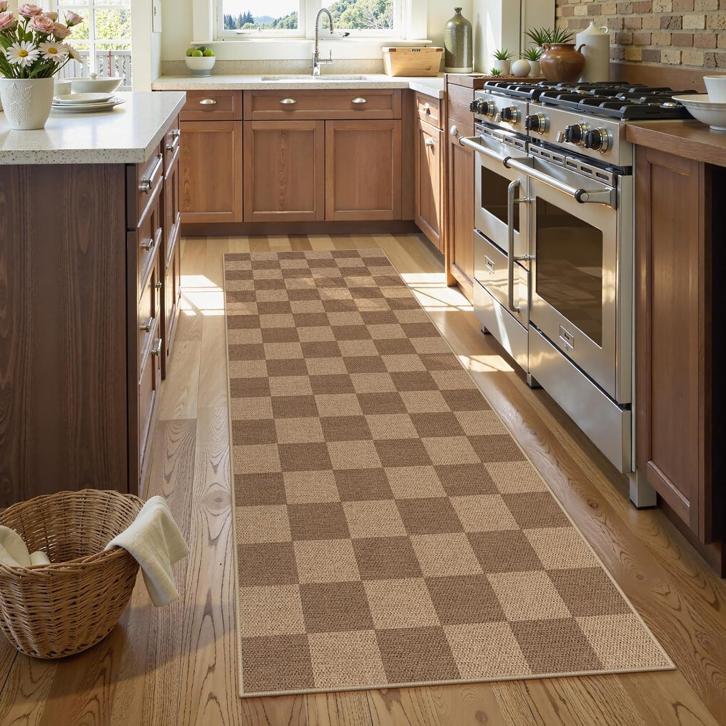 Lahome Checkered Easy Jute Kitchen Runner, 2x8 Washable Indoor Outdoor Runner Rug, Checkerboard Non