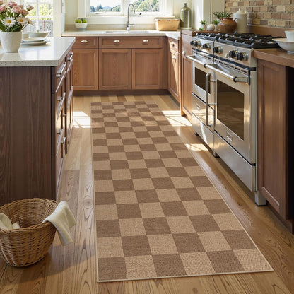 Lahome Checkered Easy Jute Kitchen Runner, 2x8 Washable Indoor Outdoor Runner Rug, Checkerboard Non