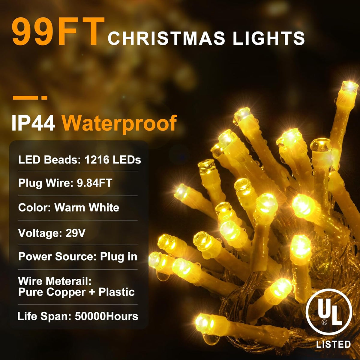 KNONEW 99ft 1216 LED Christmas Lights Outdoor Decorations with 228 Drops, 8 Modes Curtain Fairy