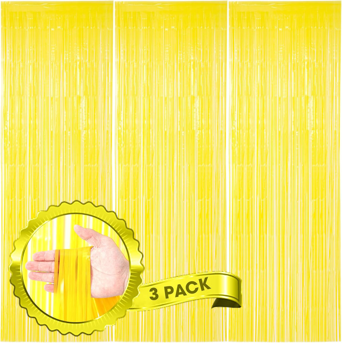 3 Pack 3.3 x 8.2 ft Pastel Yellow Foil Fringe Backdrop Curtains, Tinsel Streamers Birthday Party