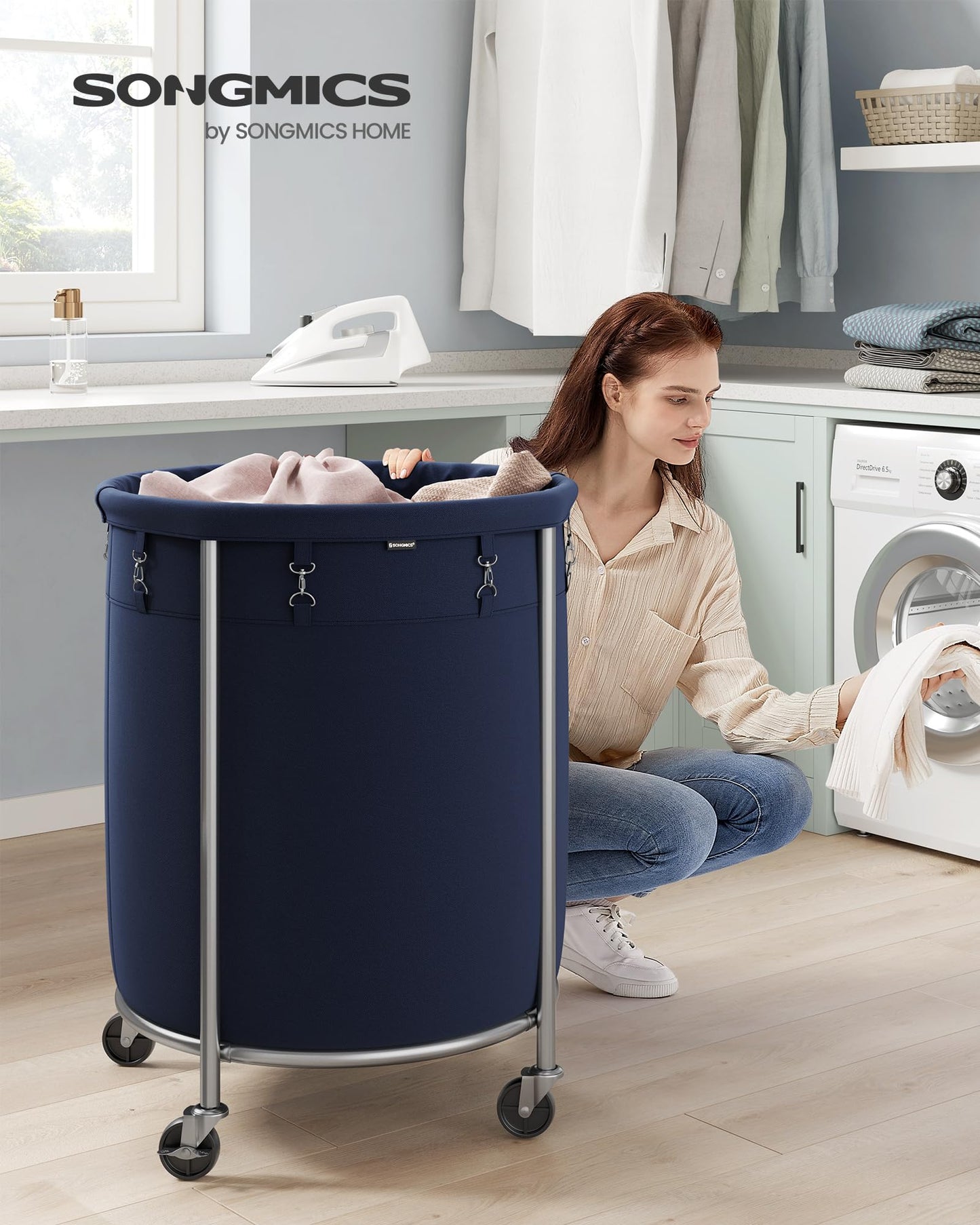 SONGMICS Laundry Basket, Rolling Steel Frame with 2 Locking Wheels, 190 L