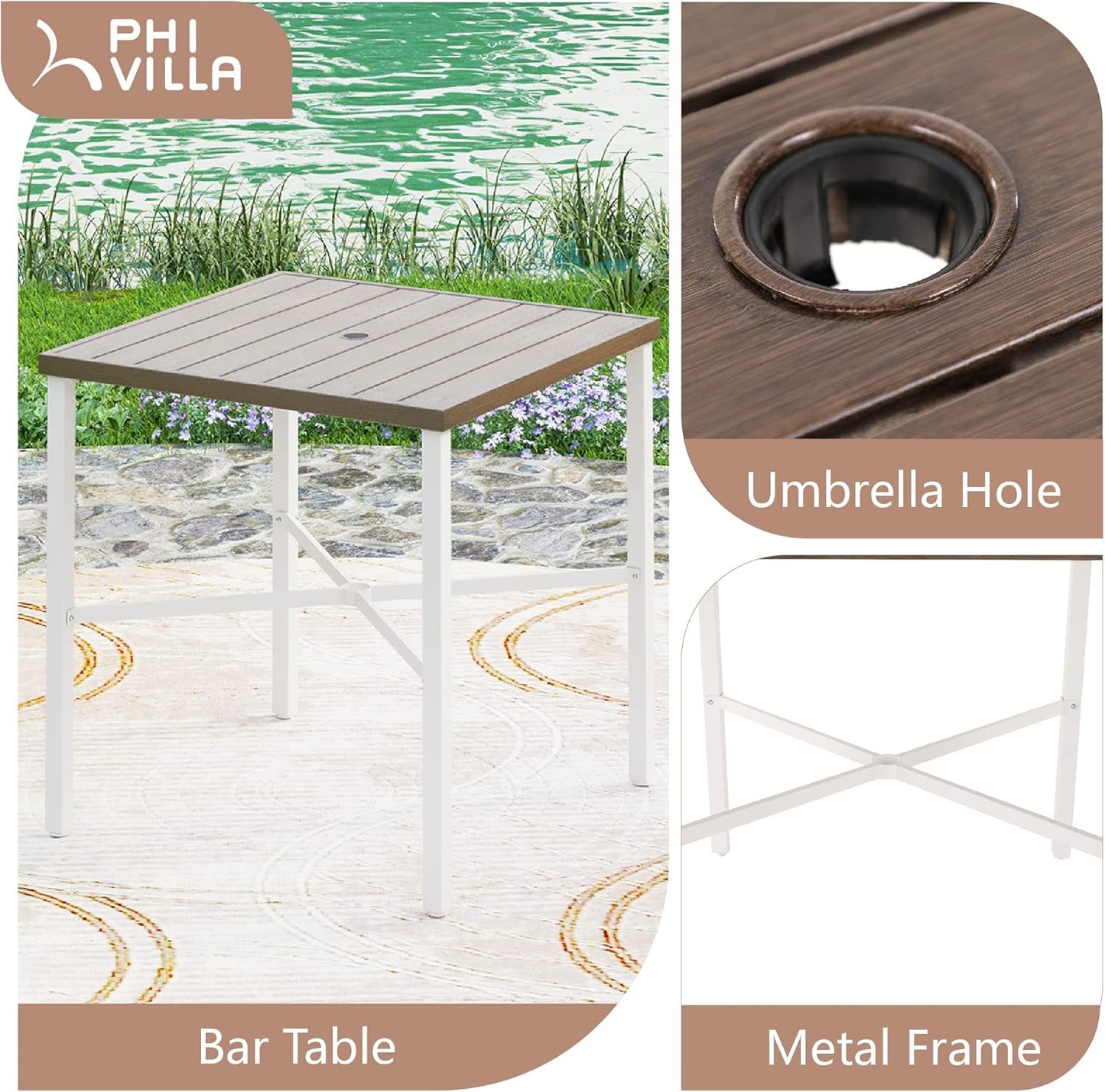 PHI VILLA Outdoor Bar Table, High Patio Table with Umbrella Hole, White Legs, Metal Frame, Sturdy &