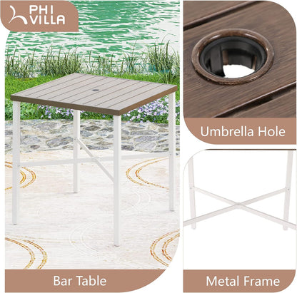 PHI VILLA Outdoor Bar Table, High Patio Table with Umbrella Hole, White Legs, Metal Frame, Sturdy &