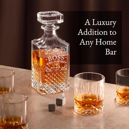 Luxury Gift For Boss - Boss Who Inspires Us All - Unique Engraved Whiskey Decanter Set For The