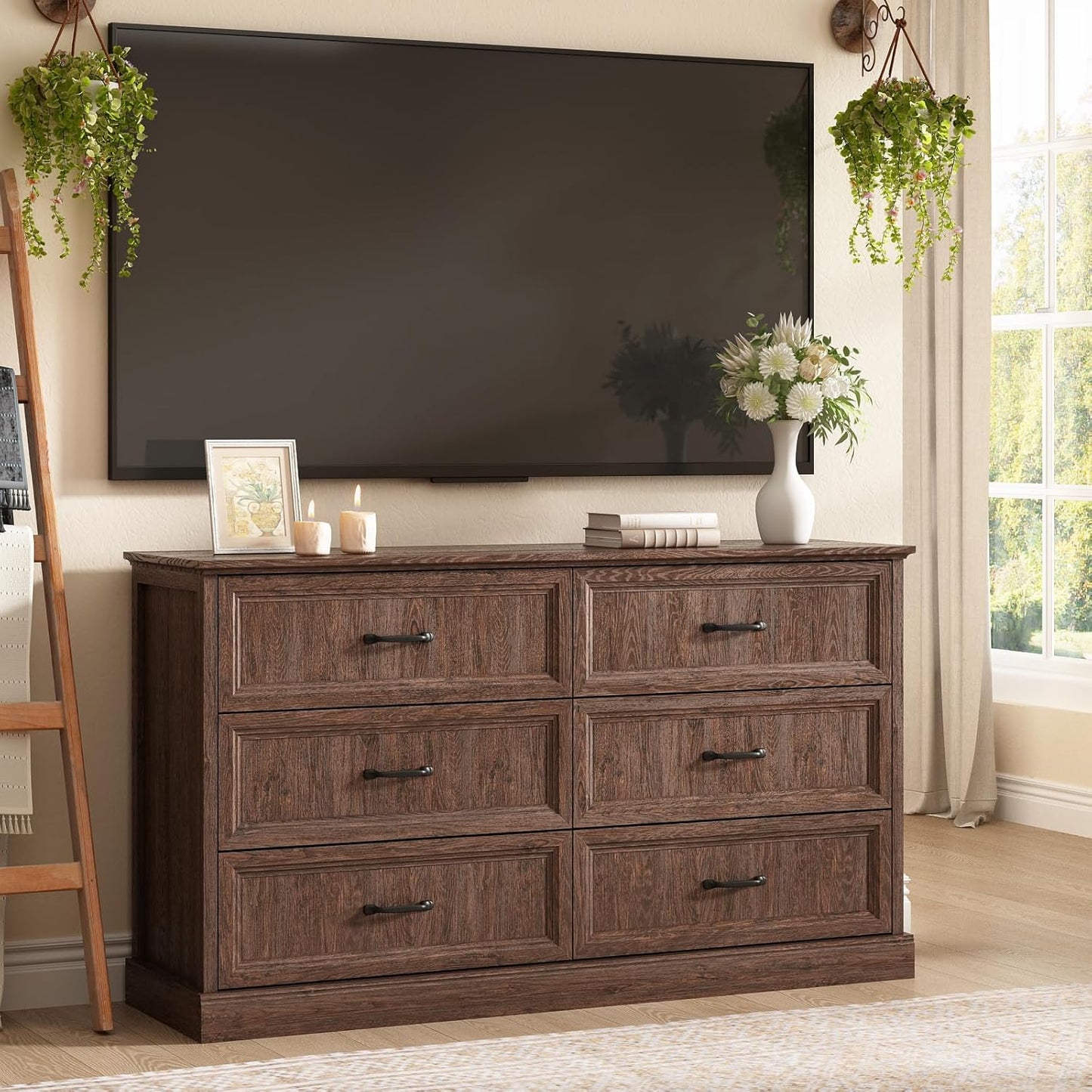 Farmhouse 6 Drawer Dresser for Bedroom, 55 Inch Wide Modern Brown Dresser TV Stand with Large