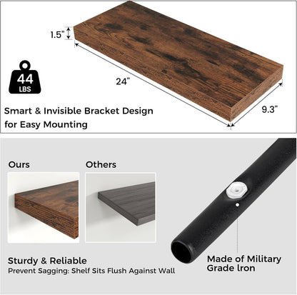 Floating Shelves - 2 Large Wall Mounted Shelves with Invisible Brackets, Long Wood Floating Wall