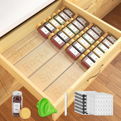 24 Spice Jars with Spice Drawer Organizer, 355 Spice Labels, 4 Pack Expandable From 11'' to 21''