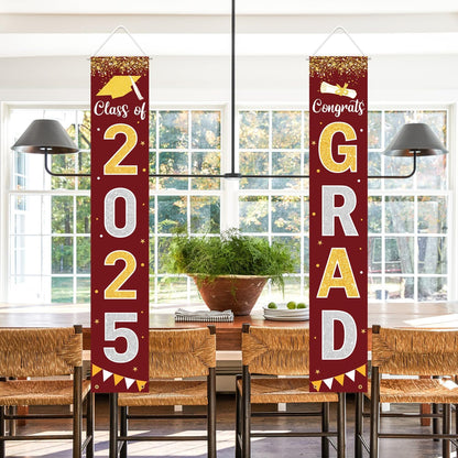 Graduation Decorations 2025 GRAD Banner Maroon Porch Door Sign Welcome Banner For Indoor Outdoor