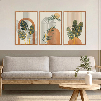 KAIRNE Boho Canvas Wall Art,Tropical Palm Leaf Wall Decor,Mid-Century Geometric Illustrations Set