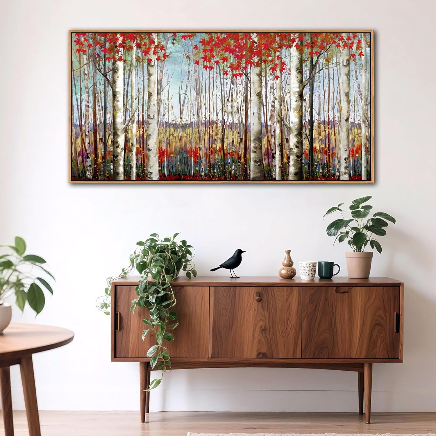 Large Framed Wall Art for Living Room Birch Tree Wall Decor Red Forest Painting Artwork Wall