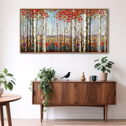 Large Framed Wall Art for Living Room Birch Tree Wall Decor Red Forest Painting Artwork Wall