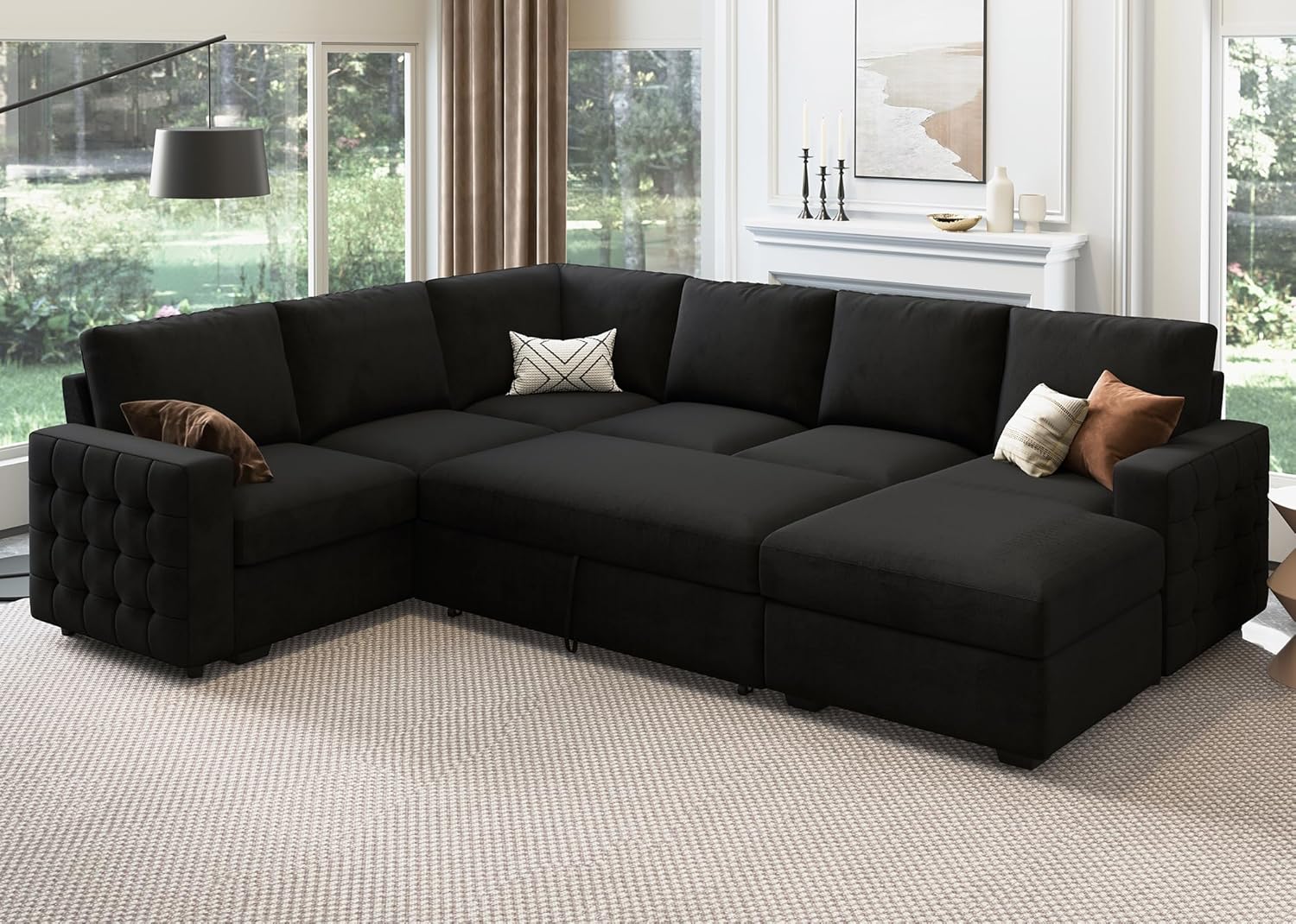 HONBAY Sectional Sleeper Sofa with Pull Out Bed U-Shape Sectional Couch with Storage Chaise 6