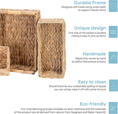 VATIMA Large Water Hyacinth Storage Baskets for Organizing with Wooden Handles for Shelves, 2