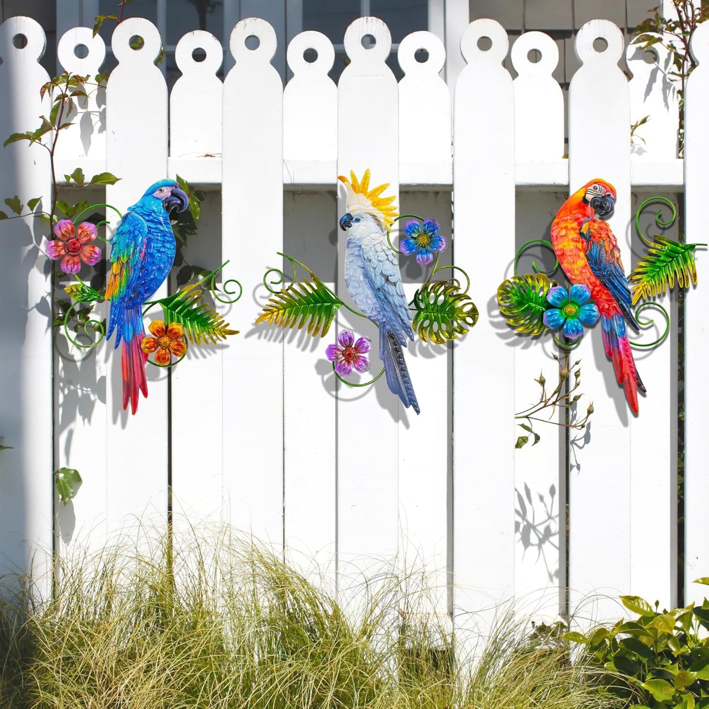 Metal Colorful Parrots Wall Art, 12 Inches Parrot Large Hanging Outside Decoration 3 Pack, Metal