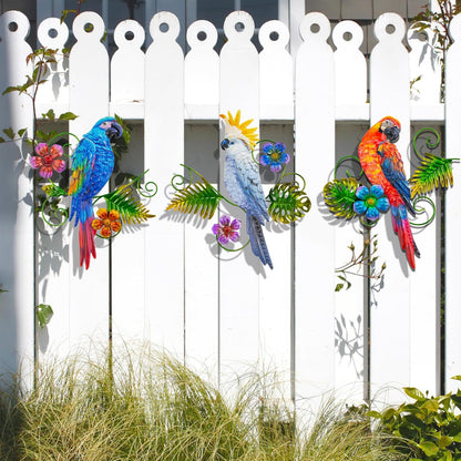 Metal Colorful Parrots Wall Art, 12 Inches Parrot Large Hanging Outside Decoration 3 Pack, Metal