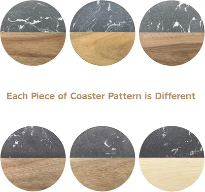 ZENFUN 6 Pc Black Marble Wood Coasters, Round Coaster, Handcrafted Artificial Marble Coasters Set