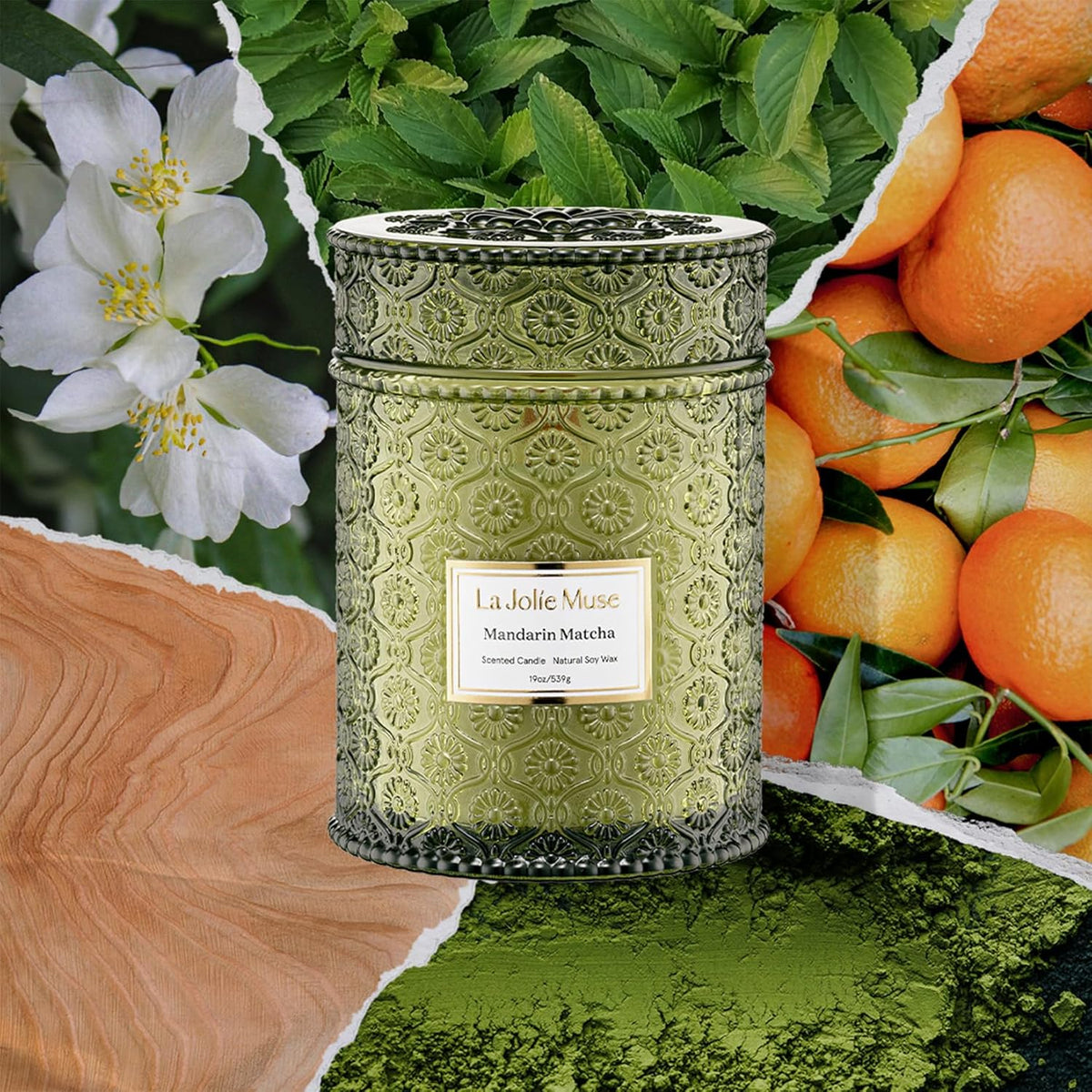 LA JOLIE MUSE Mandarin Matcha Candle - Bergamot, Matcha, Cedarwood | 19 oz Large Wooden Wick