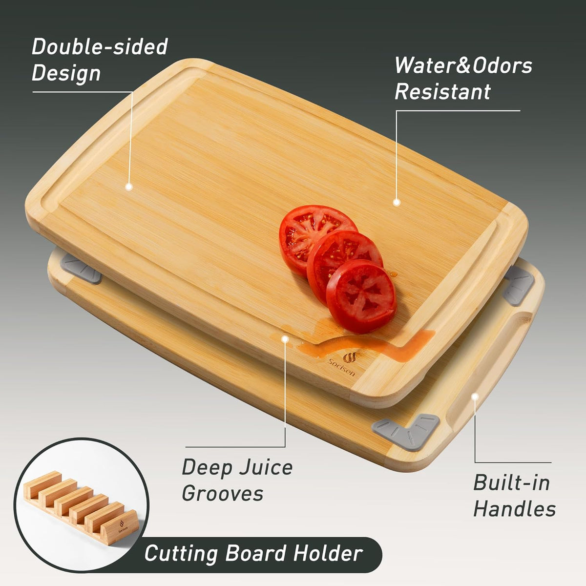 Bamboo Cutting Board Set Non Slip Feet with Holder Over Sink Wooden Cutting Boards Eating Grilling