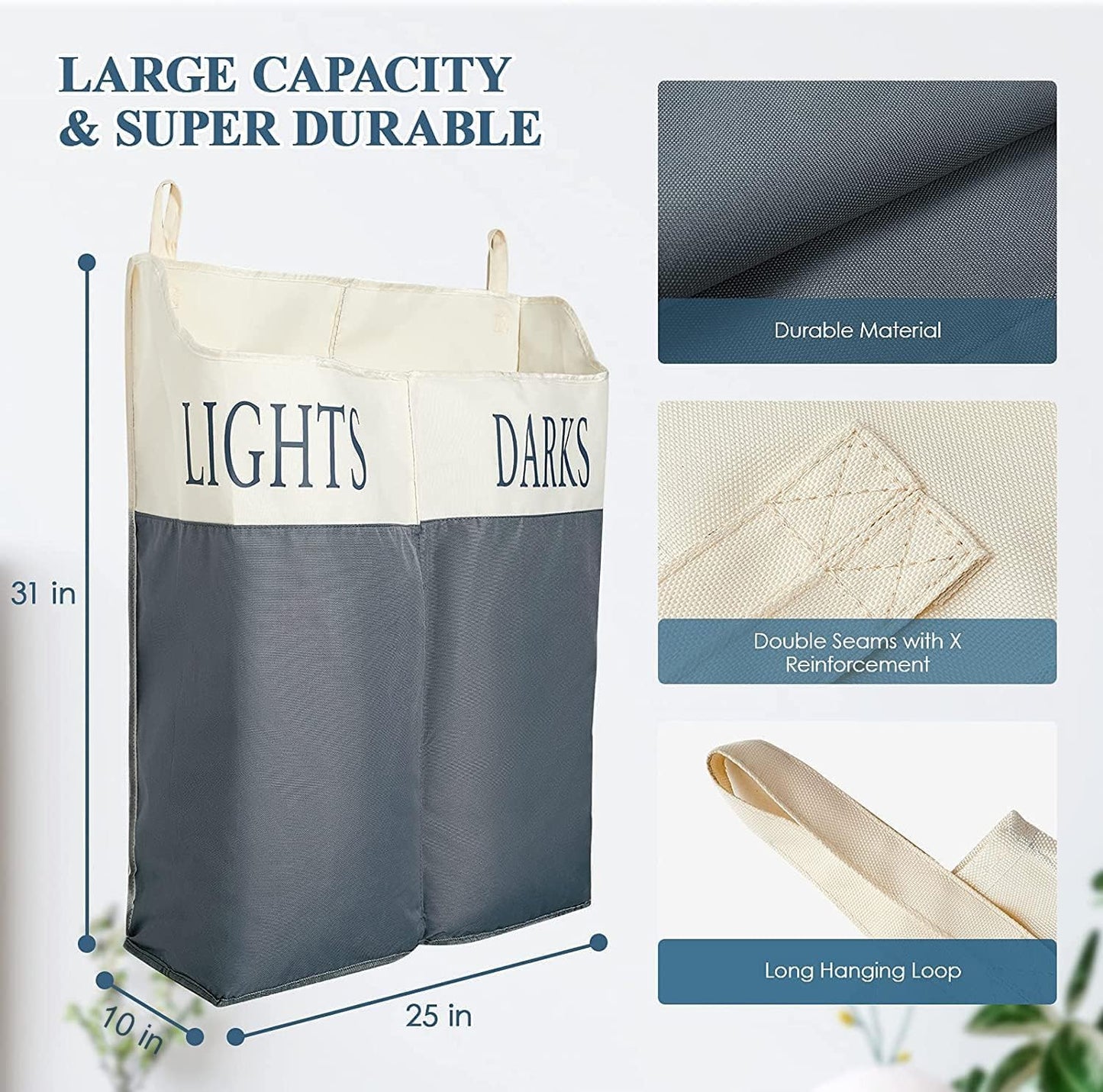 The Fine Living Co. X-Large Two Compartments Hanging Laundry Hamper with Over Door Hooks, Durable