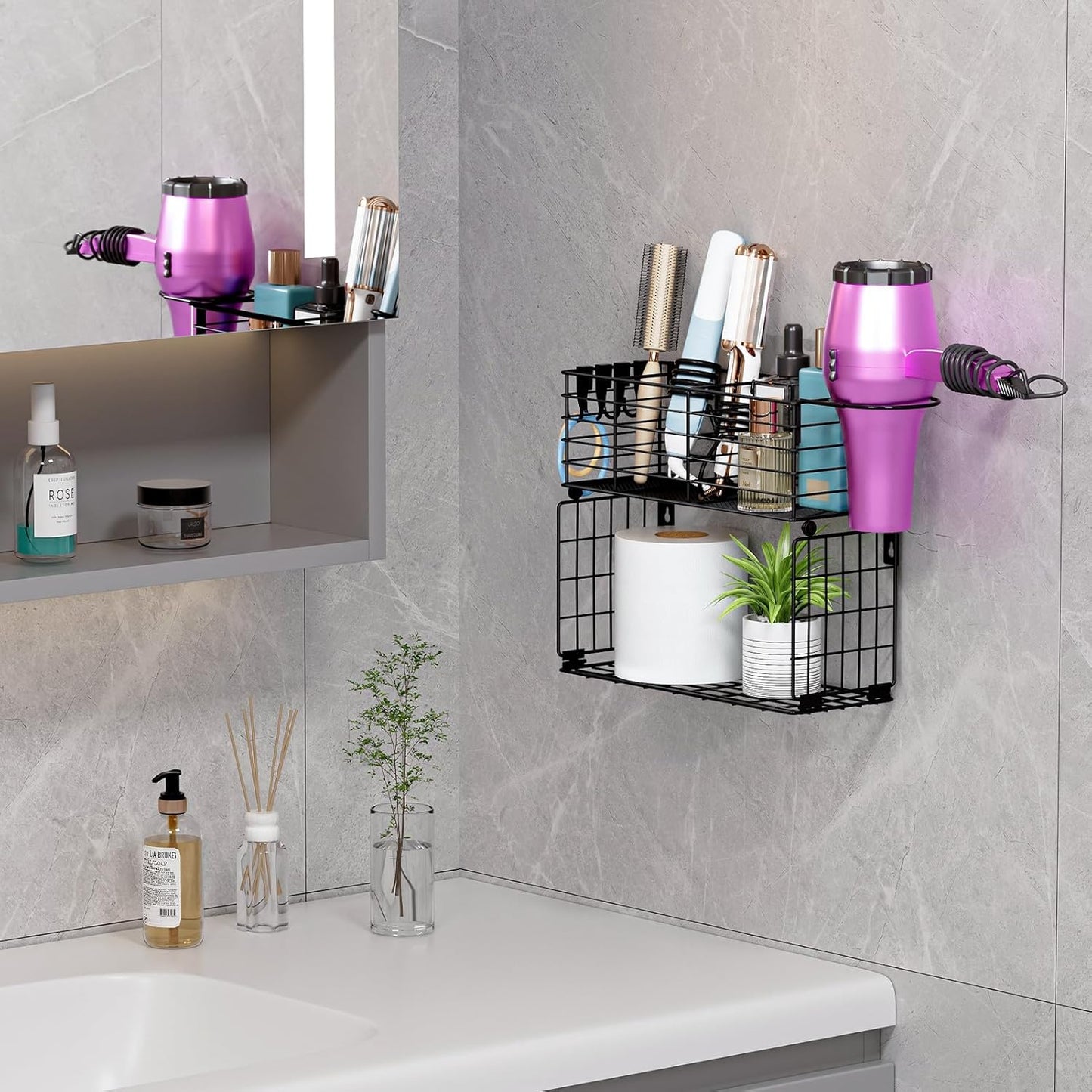 VITVITI Metal Hair Tool Organizer with Toilet Paper Basket, Bathroom Blow Dryer Curling Iron Holder