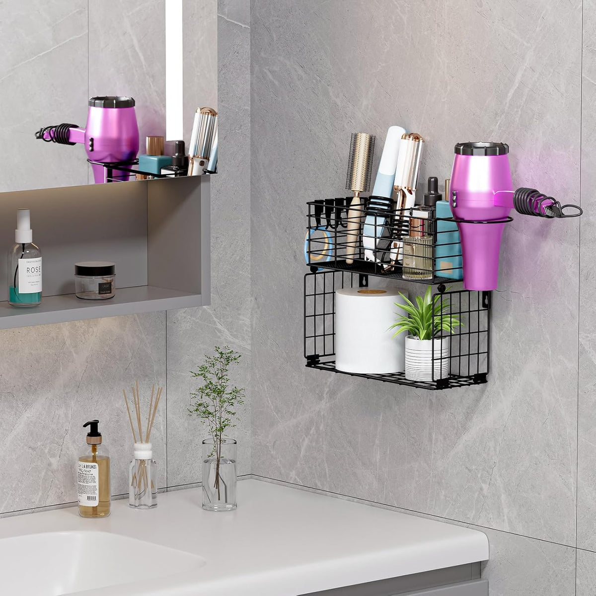 VITVITI Metal Hair Tool Organizer with Toilet Paper Basket, Bathroom Blow Dryer Curling Iron Holder