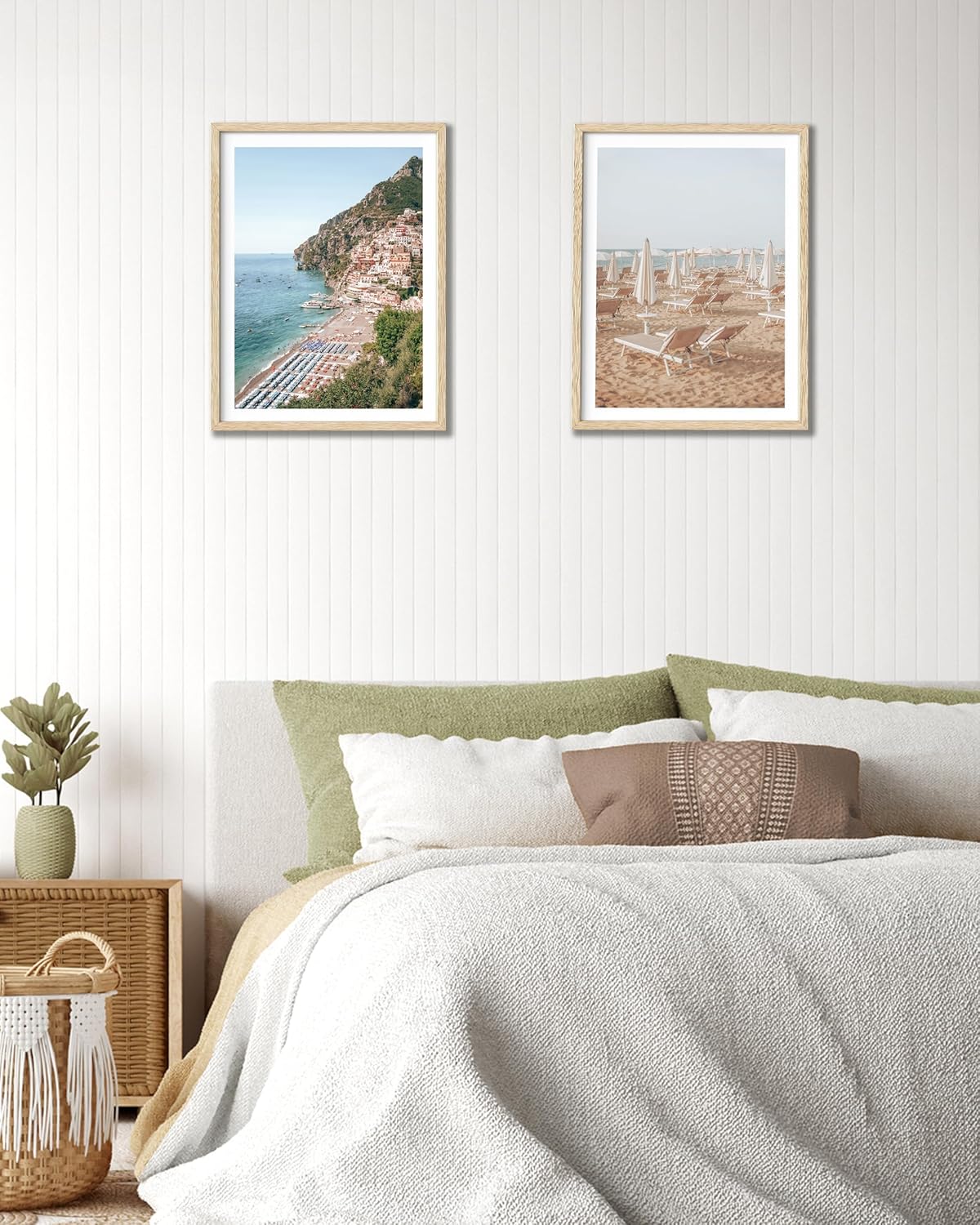 HesenDot Natural OAK Wood Framed Italian Positano Beach Wall Art,12x16in Amalfi Coast Canvas Wall