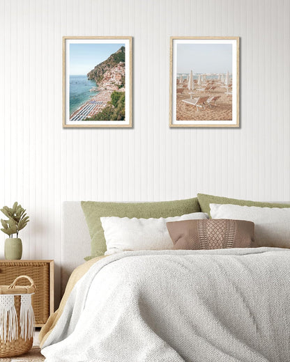 HesenDot Natural OAK Wood Framed Italian Positano Beach Wall Art,12x16in Amalfi Coast Canvas Wall