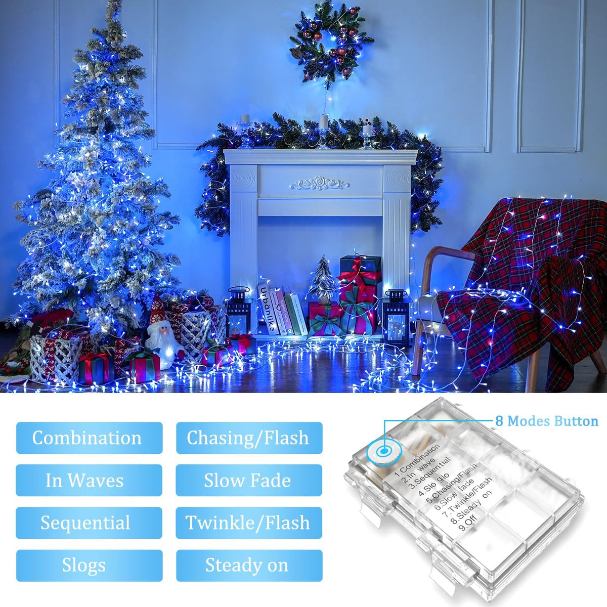 JMEXSUSS 2 Pack Blue and White Battery String Lights, Each 33ft 100 LED Battery Powered Christmas