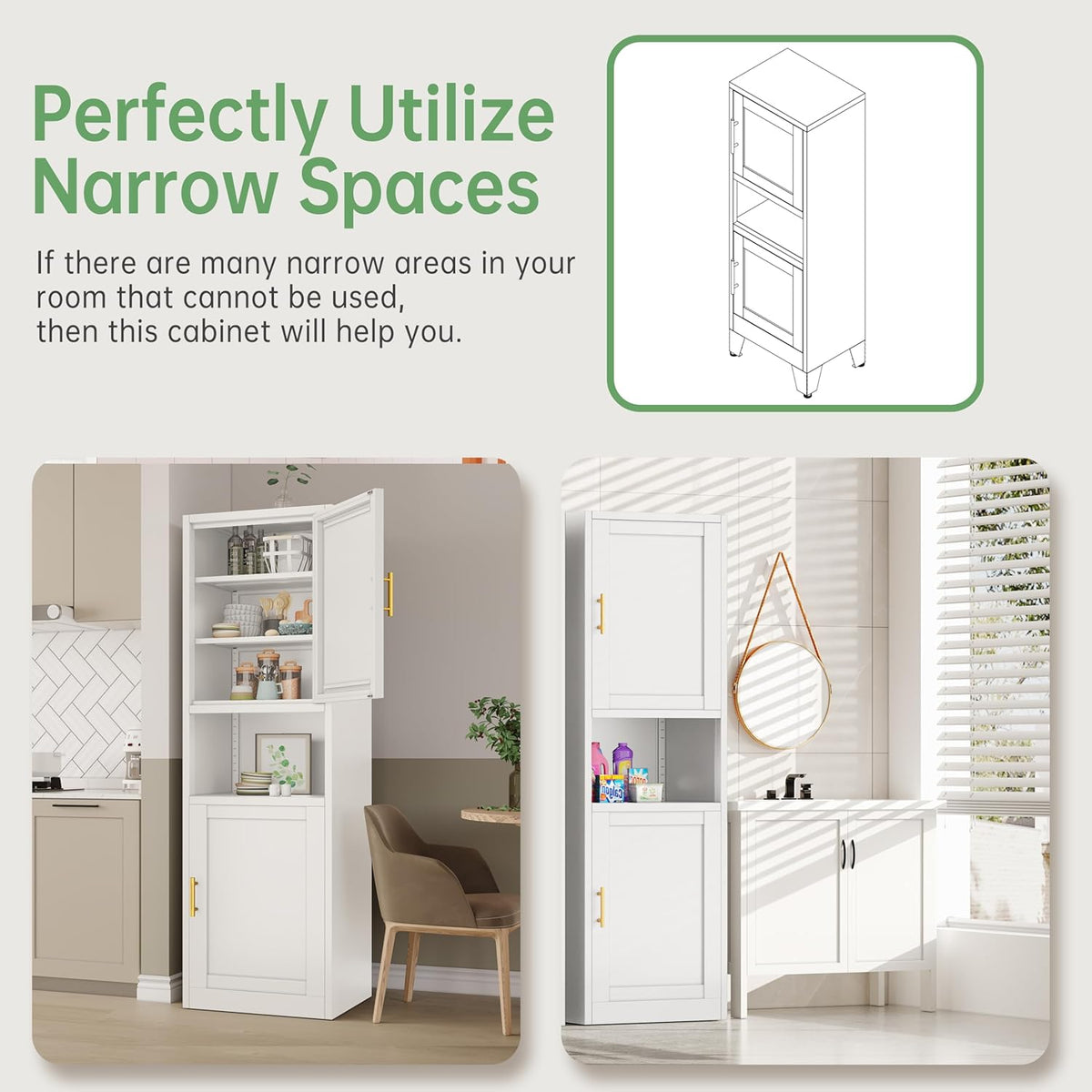 Tall Narrow Storage Cabinet 66.93" H Tall Bathroom Cabinets Metal Pantry Cabinet, 4 Adjustable
