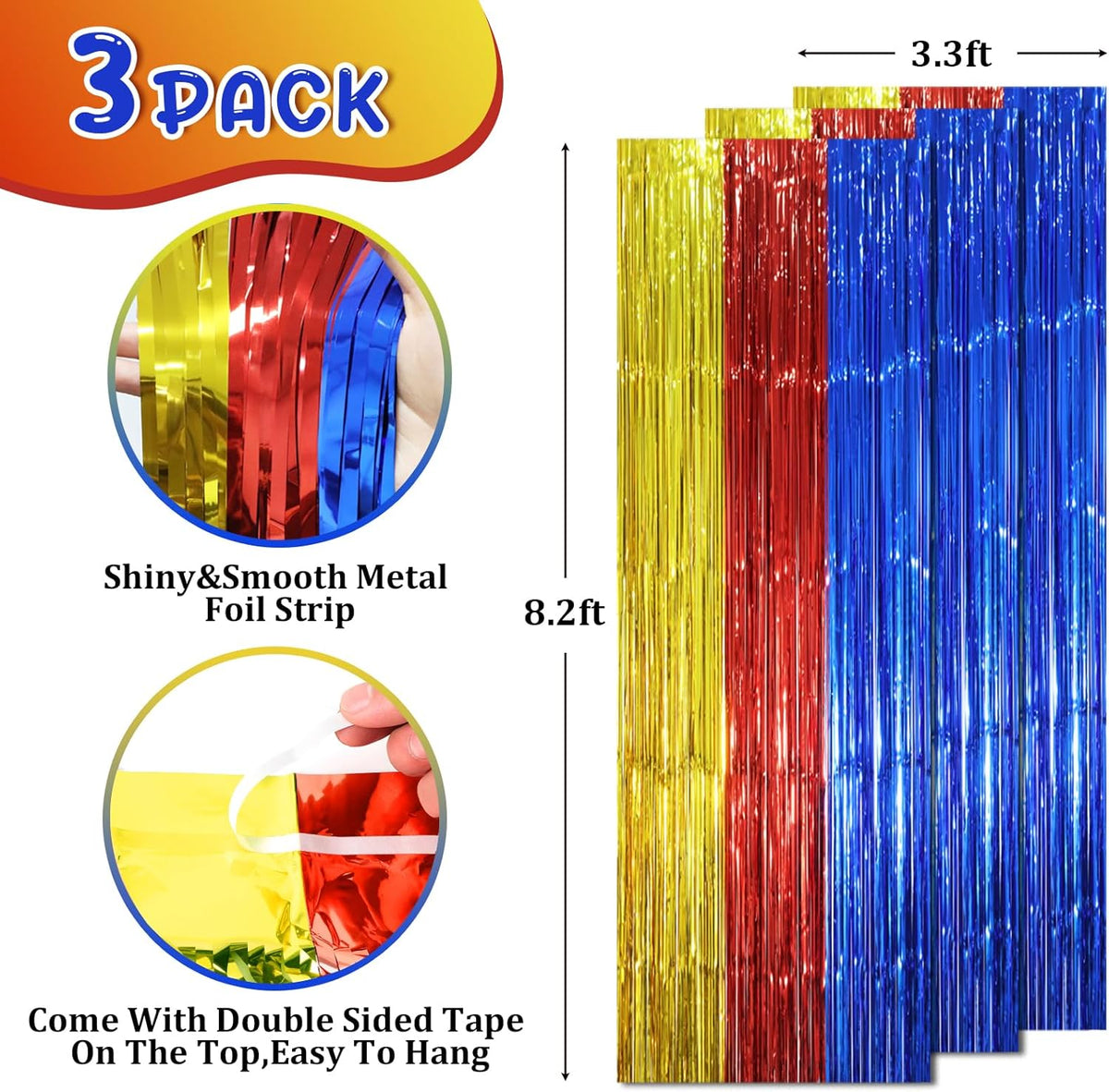 3 Pack 3.3 x 8.2 ft Blue Red Gold Foil Fringe Backdrop Curtains, Tinsel Streamers Party