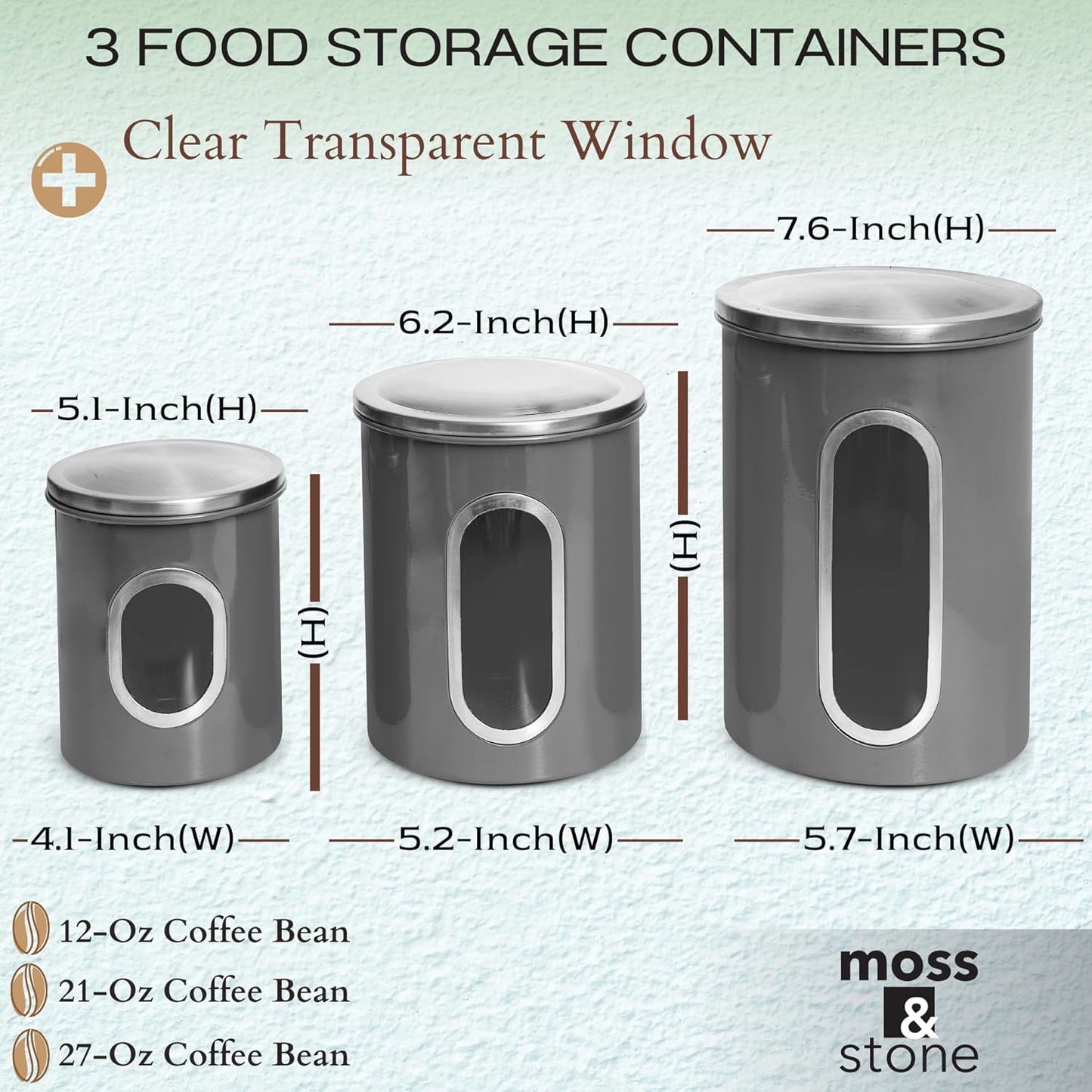 Moss & Stone 3-Piece Gray Canisters Sets For The Kitchen, Airtight Canister Set With See Through