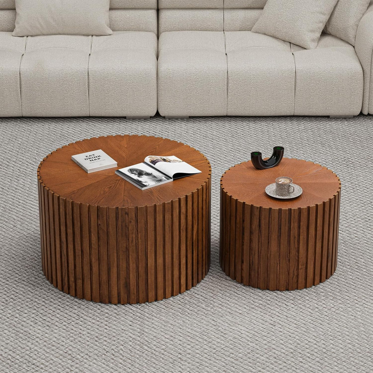 Round Nesting Coffee Table, Drum Wood Coffee Table Set of 2 Brown, Modern Fluted Nesting Tables