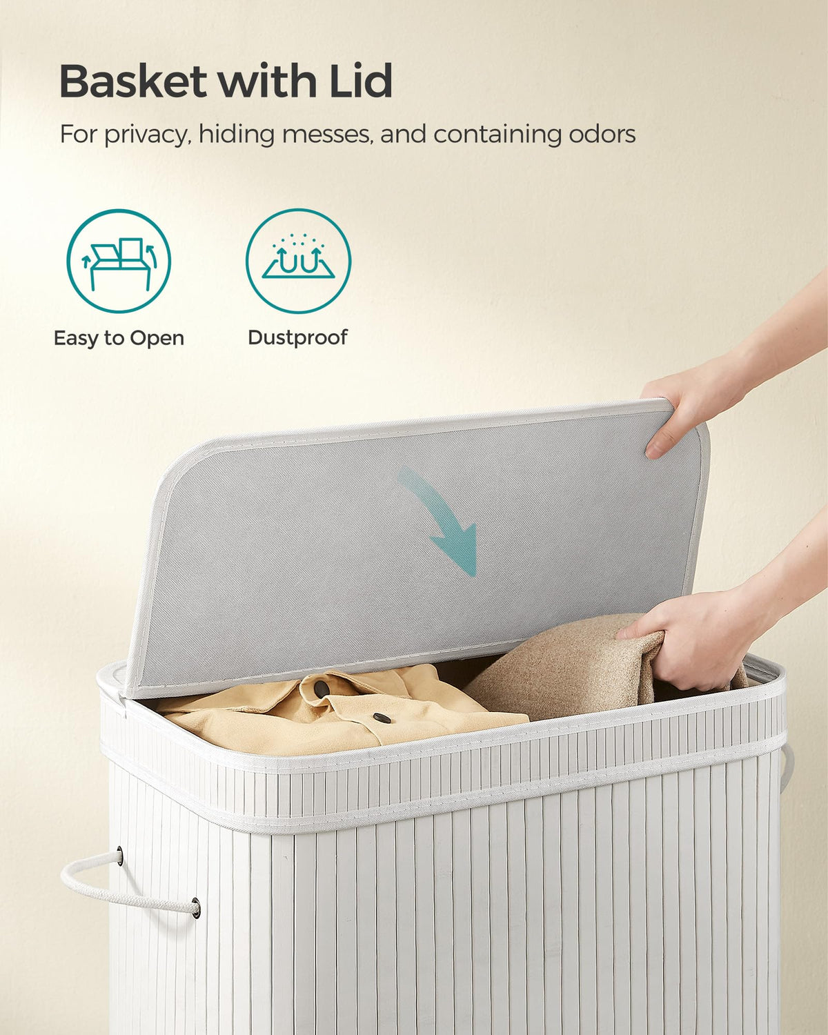 SONGMICS Laundry Hamper with Lid, Bamboo Laundry Basket, Removable Machine Washable Laundry Basket