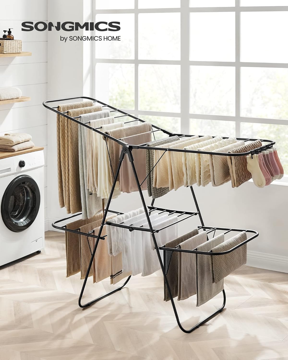 SONGMICS Clothes Drying Rack, Foldable 2-Level Laundry Drying Rack, Free-Standing Laundry Airer