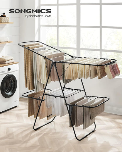 SONGMICS Clothes Drying Rack, Foldable 2-Level Laundry Drying Rack, Free-Standing Laundry Airer