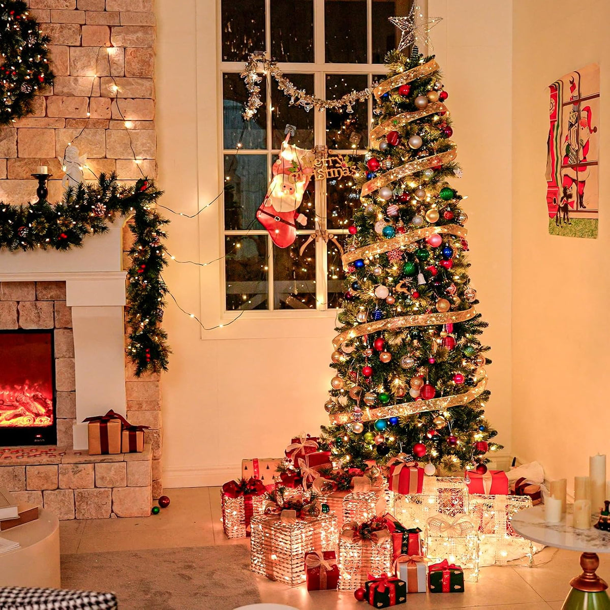 Hykolity 6 ft Prelit Pencil Slim Christmas Tree with 200 Warm White LED Lights, 544 PVC Branch