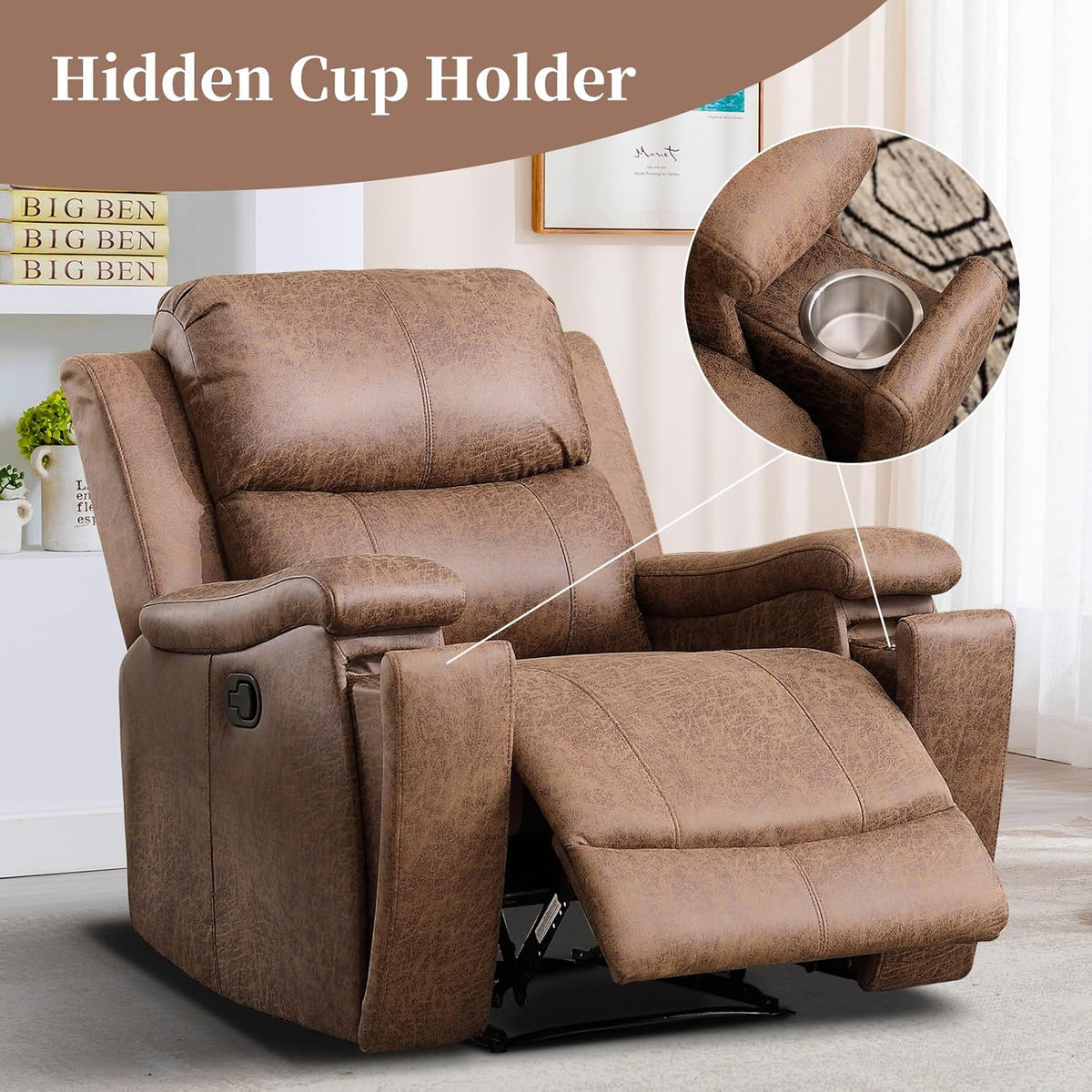 EBELLO Recliner Chair, Single Overstuffed Sofa Recliner, Breathable Faux Leather Manual Reclining